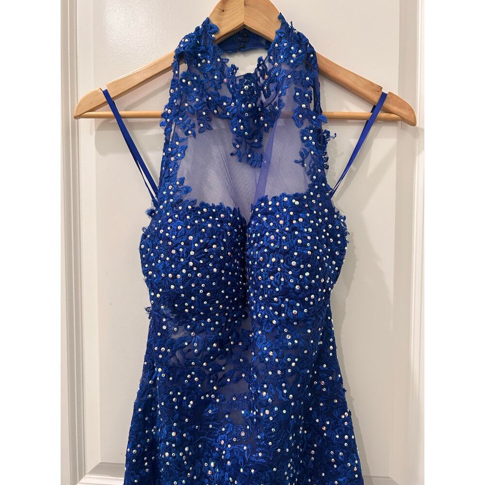Jovani Royal Blue Beaded Illusion Halter Floor Length Gown Dress Size 6 - Picture 3 of 11